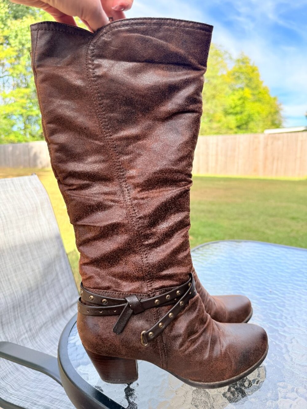 Bare Traps Brown Studded Slouch Boots 8.5 Equestrian Moto Boho Festival Y2K 4324
